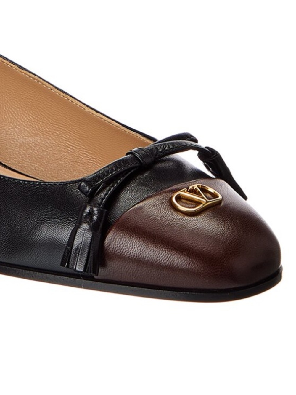 Valentino Two-Tone Black and Brown Leather Ballet Flat with Gold Logo - Picture 5 of 5